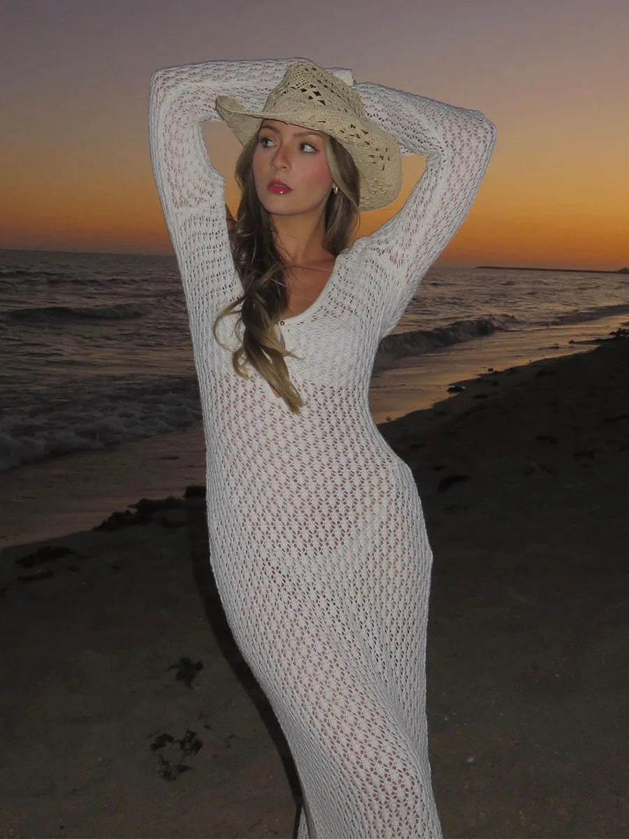 White Long Knit Sleeve Bikiki Fashion Cover up