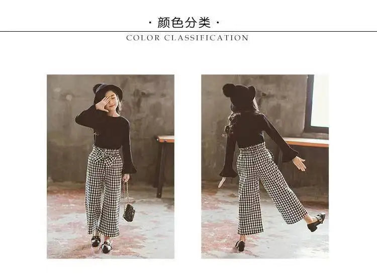 Girls Plaid Wide Leg Pants Set