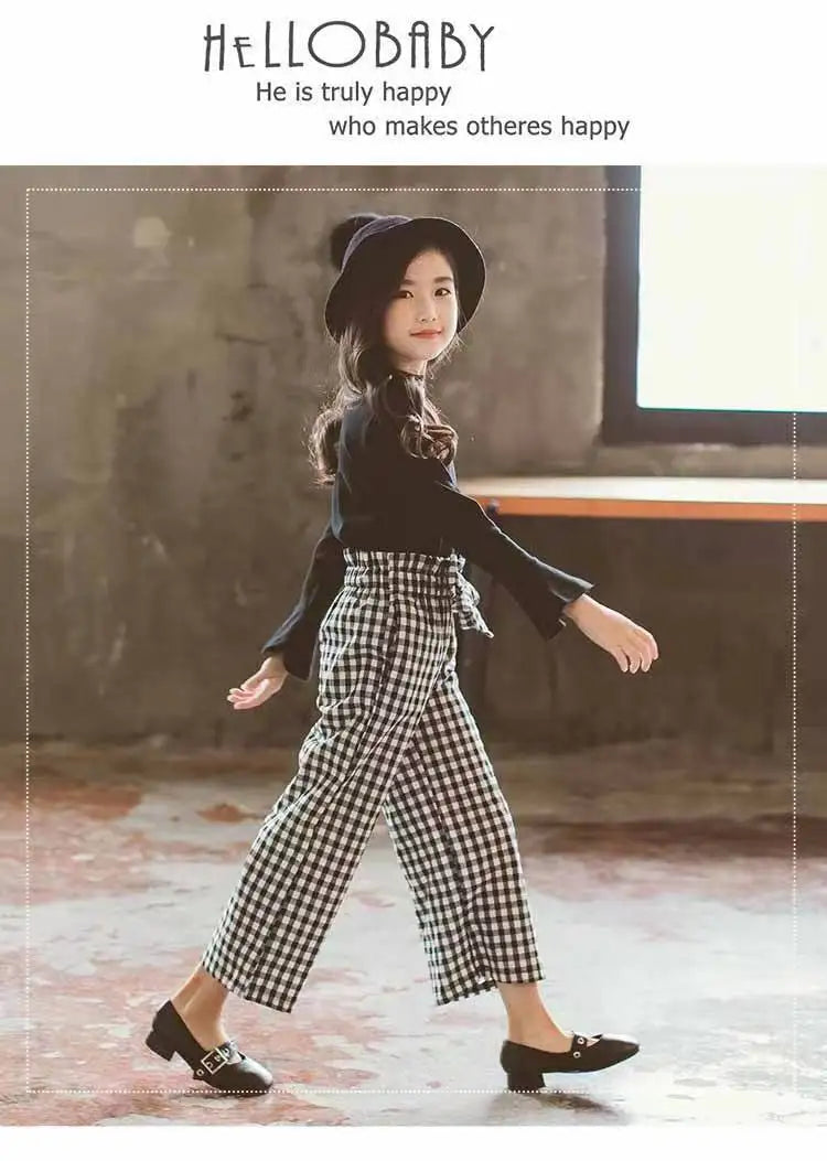 Girls Plaid Wide Leg Pants Set