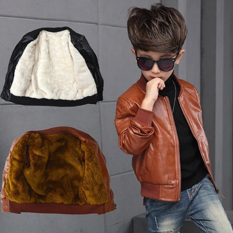 Boys Winter Cotton PU Leather Jacket