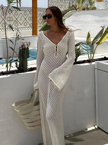 White Long Knit Sleeve Bikiki Fashion Cover up