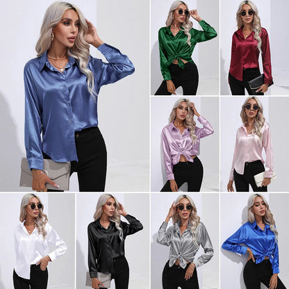 Elegant Women's Satin Imitation Silk Long Sleeve Shirt