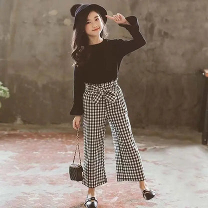 Girls Plaid Wide Leg Pants Set