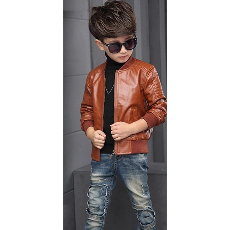 Boys Winter Cotton PU Leather Jacket