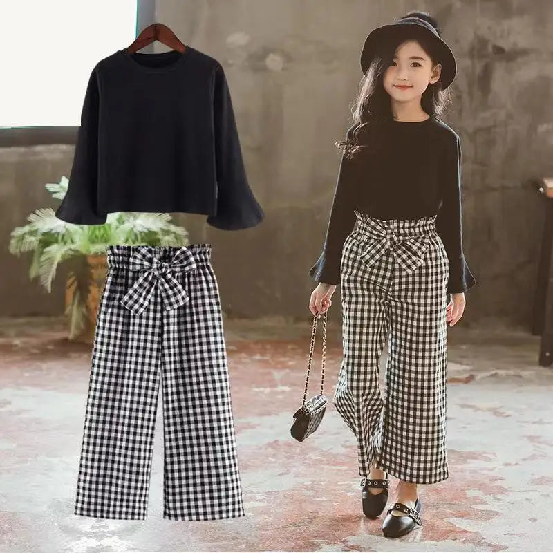 Girls Plaid Wide Leg Pants Set