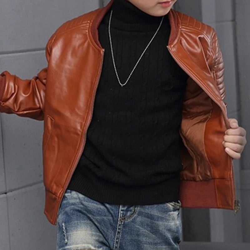 Boys Winter Cotton PU Leather Jacket