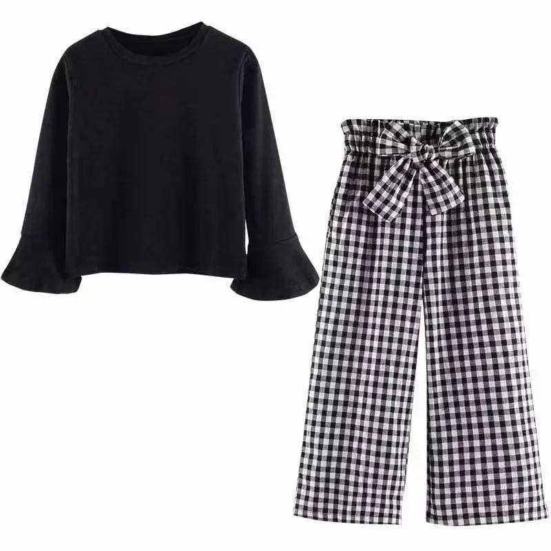 Girls Plaid Wide Leg Pants Set